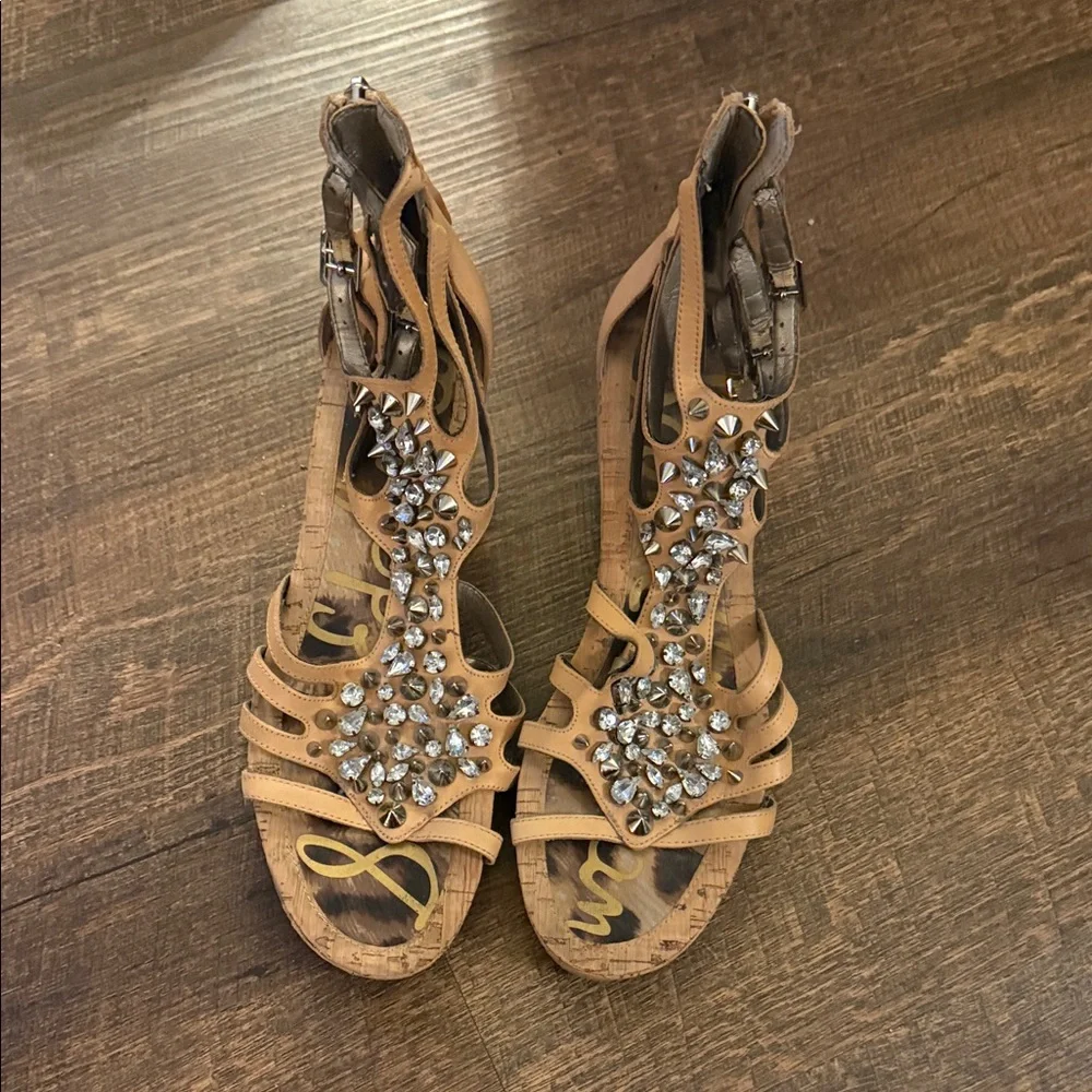 Sam Edelman Elegant Tan Strappy Sandals with Rhinestone and Spikes Detailing